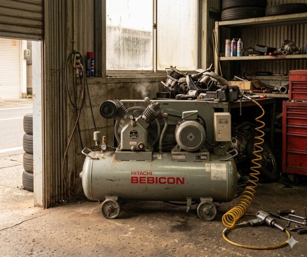 Máy nén khí 1HP cũ sử dụng trong tiệm sửa xe và workshop nhỏ