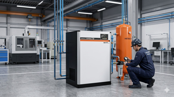 Máy nén khí trục vít Hitachi 7.5kW 10HP chính hãng cho nhà xưởng sản xuất