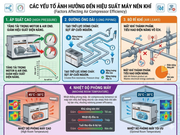 Những yếu tố ảnh hưởng đến công suất máy nén khí