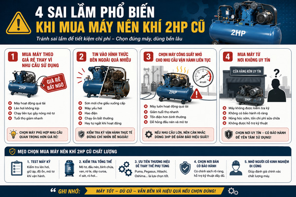 Sai lầm mua máy nén khí 2HP cũ chọn giá rẻ, không test máy và mua nơi kém uy tín