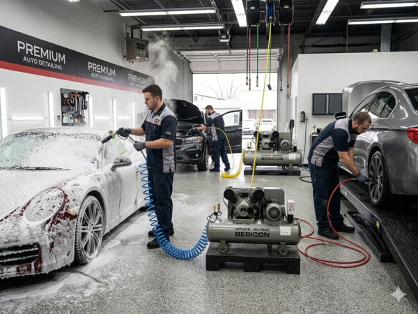 Máy nén khí trong tiệm rửa xe và chăm sóc xe chuyên nghiệp
