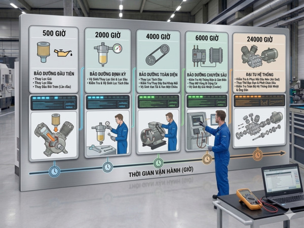 Các mốc thời gian bảo dưỡng máy nén khí định kỳ