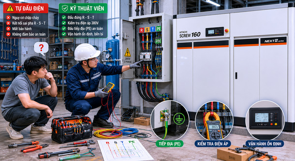 Không tự ý đấu dây điện máy nén khí nếu chưa có kiến thức