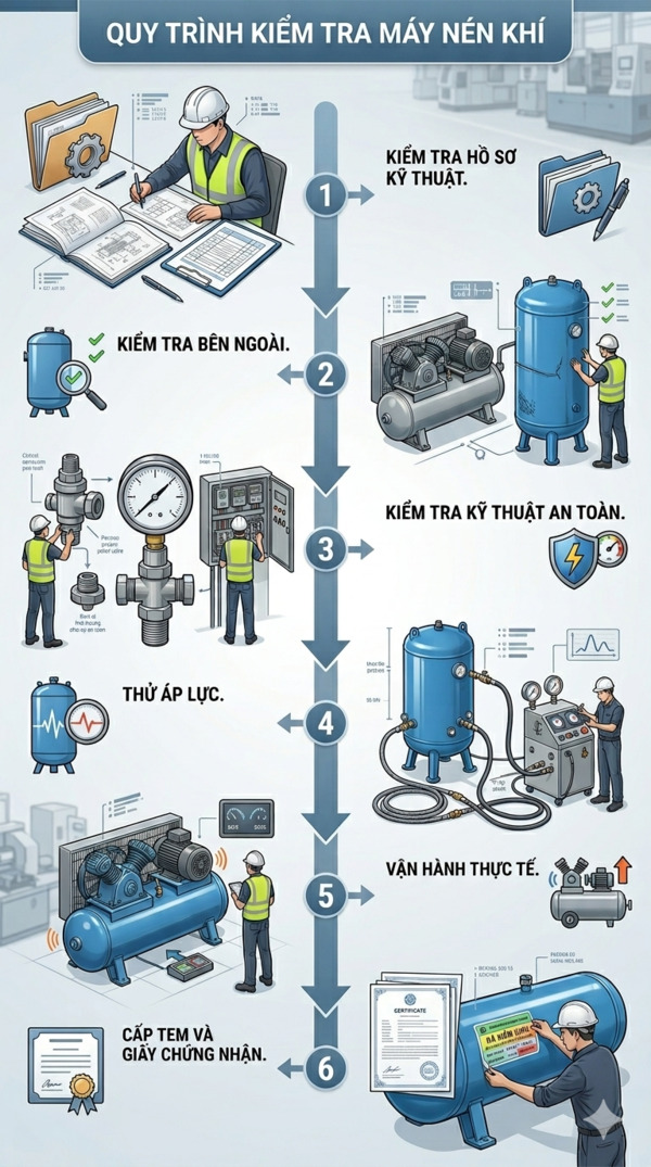 Quy trình kiểm định máy nén khí đúng chuẩn 6 bước