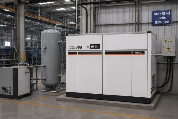 Máy nén khí 3 pha sử dụng nguồn điện công nghiệp 380V với 3 dây pha riêng biệt