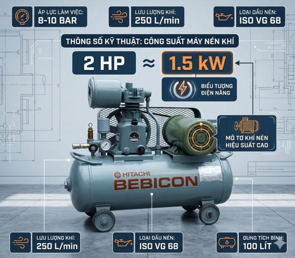 Infographic công suất máy nén khí 2HP tương đương khoảng 1.5kW