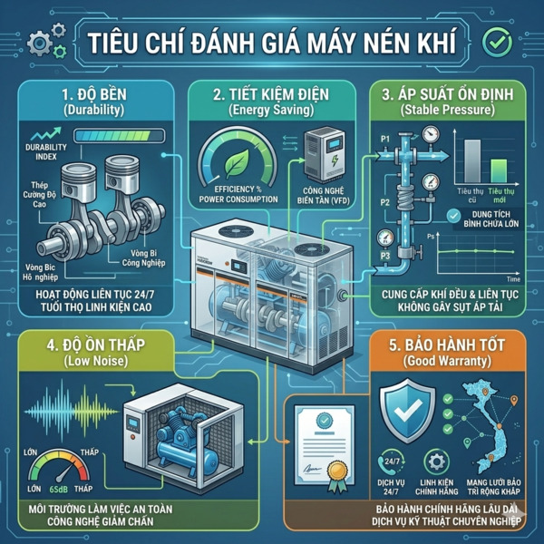 Các tiêu chí đánh giá máy nén khí tốt cho doanh nghiệp và nhà xưởng hiện đại