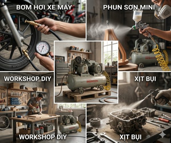 Máy nén khí 1HP phù hợp bơm xe, xịt bụi, phun sơn