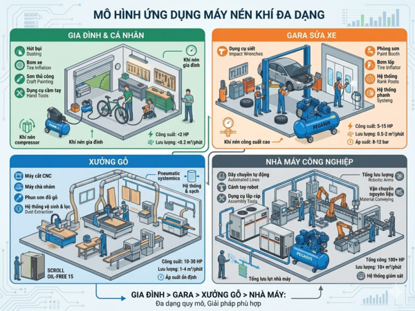 Máy nén khí phù hợp từng nhu cầu sử dụng từ gia đình đến nhà máy