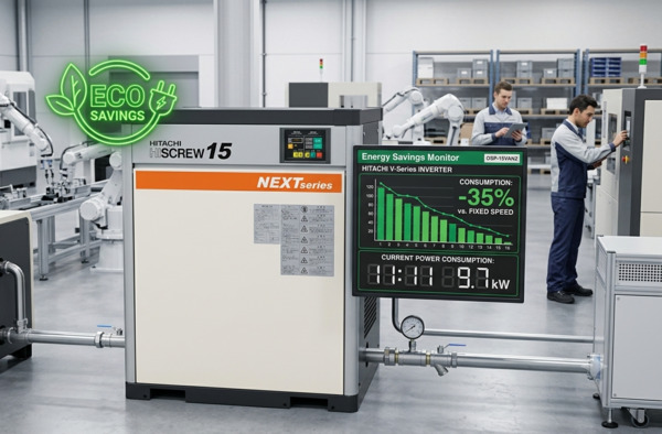 Máy nén khí trục vít Hitachi 15kW biến tần tiết kiệm điện cho nhà máy sản xuất