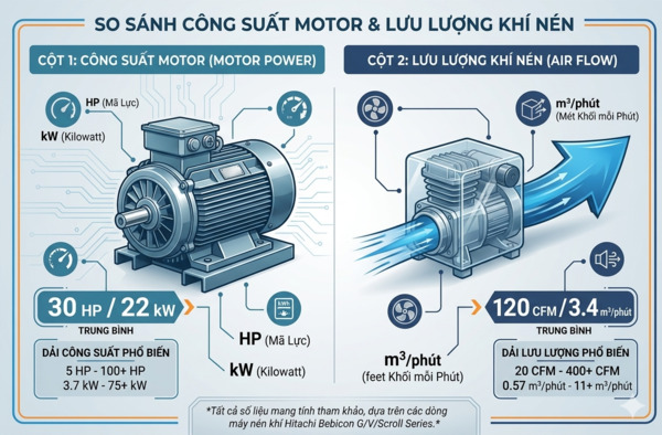 Phân biệt công suất motor và lưu lượng khí nén