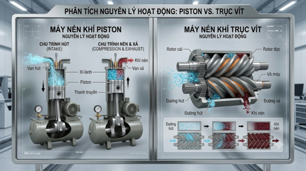 Nguyên lý hoạt động của máy nén khí trục vít và piston