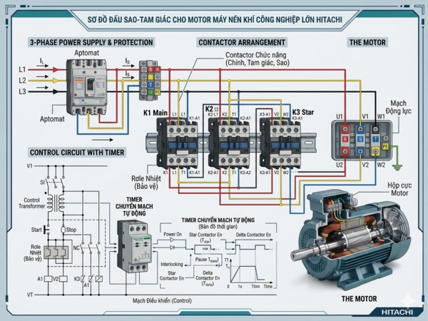 Sơ đồ đấu sao tam giác giúp giảm dòng khởi động motor máy nén khí.