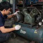 Kỹ thuật viên kiểm tra máy nén khí 2HP cũ trước khi mua