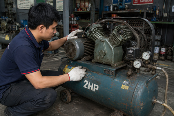 Kỹ thuật viên kiểm tra máy nén khí 2HP cũ trước khi mua